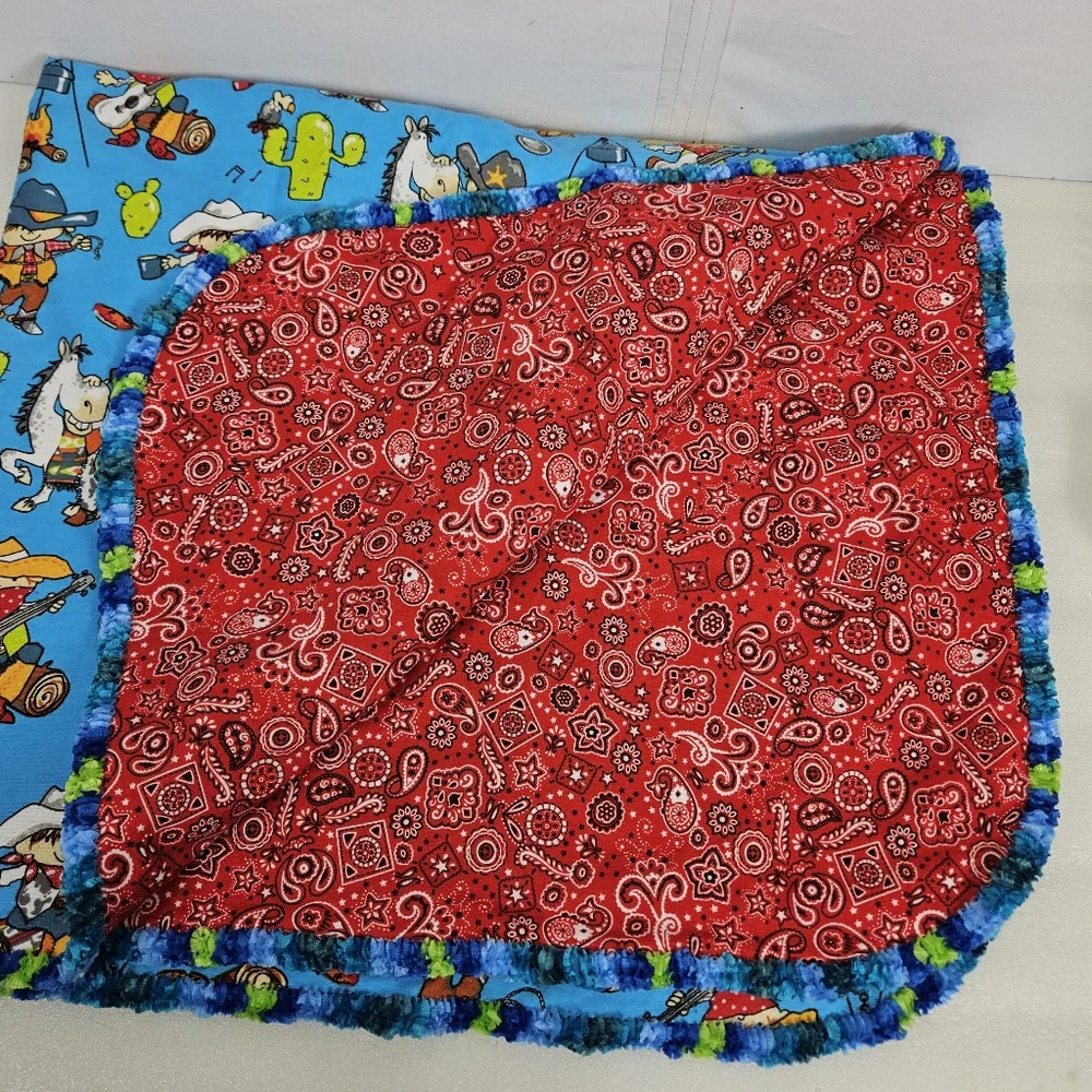 Handmade cowboy baby blanket with embroidered edges 42